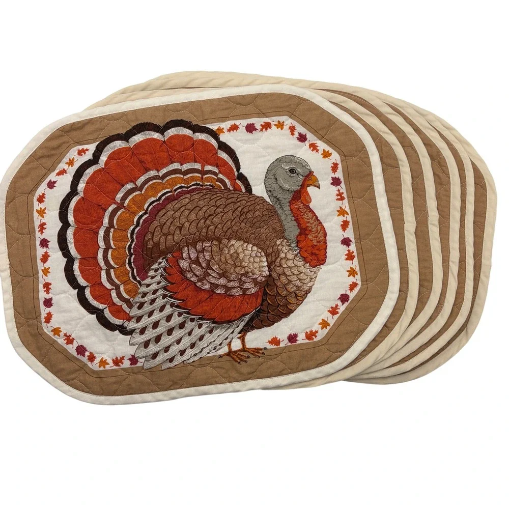 Set of 6 Vintage Quilted Thanksgiving Turkey Placemats Fall Holiday Table Decor
